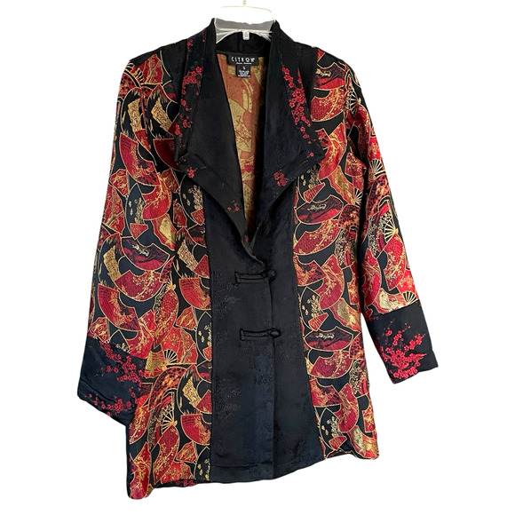CITRON SANTA MONICA Women's Size Small Black Red Gold Silk Blend Brocade Jacket - Picture 8 of 8